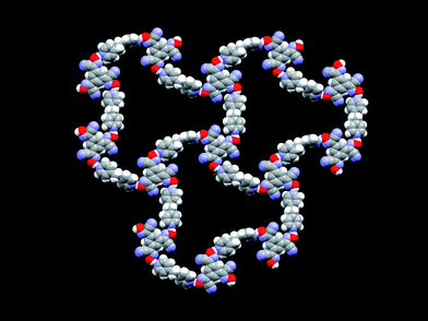 The extended hydrogen-bonded network in the crystal structure of 2:3; disordered solvent molecules (removed for clarity) occupy the space within the host structure.