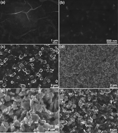 
            SEM images of the as-synthesized FeOOH/rGO samples at 180 °C at different reaction times: (a and b) 0.5 hour, (c), 1.0 hour, (d), 2.0 hours, (e), 6.0 hours, and (f) 12.0 hours.