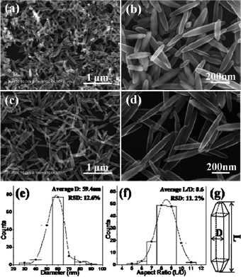Lower and higher SEM images of tetragonal faceted-nanorods (TFNR) prepared without (a–b) and with (c–d) adding 2 mL H2O2 using Na-TNT as precursor; (e), (f) the distribution of the edge (D) and aspect ratio (L/D) of TFNRs prepared with adding H2O2; (g) schematic drawing of a single TFNR labeled D and L.