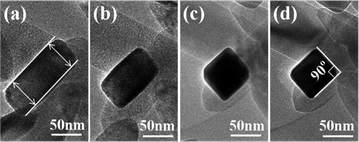 
          TEM image of the same TFNR viewed along different directions by rotating the sample: (a) α = 0°, β = 0°; (b) α = 4.15°, β = 5.88°; (c) α = 8.92°, β = 9.84°; (d) α = 9.05°, β = 12.02°.