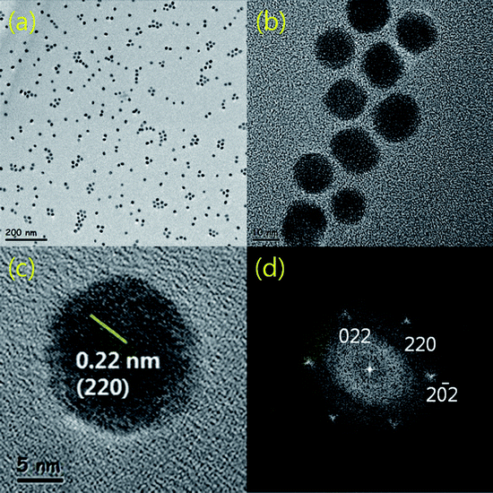 (a) An overall TEM image of as-synthesized PbSe nanoparticles. (b) A high resolution TEM image showing the particle size of 9–12 nm. (c) A high resolution TEM image showing (220) planes of the PbSe nanoparticles and (d) the corresponding FFT pattern showing the cubic symmetry, respectively.