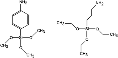 Molecules of p-aminophenyl-trimethoxysilane (APHS, left) and 3-aminopropyl-triethoxysilane (APTES, right) used to graft the gold nanoparticles on the silicon substrate.