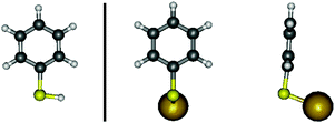 Molecules of thiophenol (left, called planar in the text) and gold-benzenethiolate (right, two different views of the same geometry, called perpendicular in the text) in their lowest energy conformations.