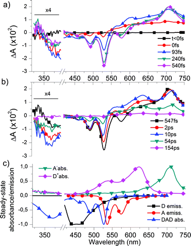 Temporal evolution of the differential absorption (ΔA) spectra of DAD in CHCl3 (a) before 0.5 ps, evidencing RET from D to A, and (b) at longer time delays, showing CT state formation and recombination. Data below 390 nm are magnified by a factor 4. Data from 390 to 420 nm are disregarded, due to pump–pulse related noise. The vertical dashed lines indicate merging of two separate data sets. (c) Normalized absorption spectra of the radical anion A˙− (green) and radical cation D˙+ (pink) in dichloromethane allowing us to identify the signature of the CT state at delay times >10 ps, and normalized absorption spectrum of DAD (blue), and emission spectra of D (black) and A (red) in CHCl3. The latter three are plotted upside-down to facilitate the comparison with the above differential spectra and identify the signatures of the ground state bleach of D and A as well as the SE from A*.