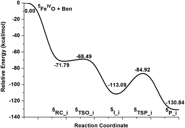 Schematic Gibbs free energy (ΔG/kcal mol−1) surface for benzene hydroxylation in acetonitrile along the oxygen insertion mechanism at the B3LYP theory level.
