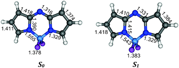 Ground (left) and excited state (right) geometries for a model chromophore obtained at the PCM-(TD)-PBE0/6-311G(2d,p) level. Main bond lengths are indicated (Å). See text for more details.