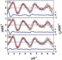Comparison of modified experimental (open circles) and theoretical (red line) molecular scattering function sM of the structures (1–3) for Sn24−.