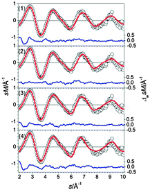 Comparison of modified experimental (open circles) and theoretical (red line) molecular scattering functions sM of the structures (1–4) for Sn26−.