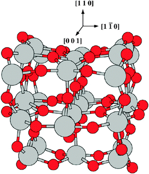 View of the (TiO2)26 cluster. Light grey spheres represent metal ions and red spheres represent oxygen atoms.