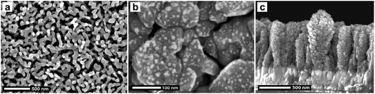 
            Scanning electron micrographs of hematite samples resulting from different nanostructuring strategies developed to counter-balance the hematite drawbacks for water splitting. (a) Nanoparticle assembly, prepared by gas phase decomposition of Fe(CO)5, deposited on FTO and annealed at 800 °C (similar sample as in ref. 36). (b) The ETA strategy: the iron oxide nanoparticles are seen just starting to cover the WO3 host scaffold (APCVD of Fe(CO)5 at low deposition rate, edge of the deposition spot). (Reprinted in part with permission from ref. 38. Copyright 2011 American Chemical Society.) (c) Cauliflower-like silicon-doped iron oxide photoanodes prepared by APCVD of Fe(CO)5 and TEOS with a carrier gas flow rate of 6 L min−1.42 (Copyright Wiley-VCH Verlag GmbH & Co. KGaA. Reproduced with permission.)