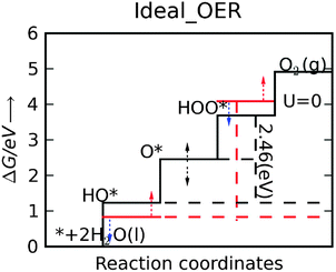 The free energy diagram for the OER ideal catalyst. All free energies of the intermediate steps have the same magnitude and are equal to 1.23 V (black continuous line). Red lines indicate the actual HOO* and HO* levels for the catalysts, which, in order to get closer to the ideal ones, have to be moved down and up, respectively, by about 0.37 eV. Unfortunately, when the metal oxide catalyst is changed these two levels tend to move in the same direction with the same magnitude (as indicated by the red and blue arrows). For the OER the way the O* level is positioned between the HOO* and HO* levels determines the potential determining step.