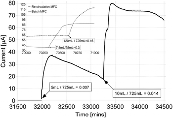 Response curves from re-circulating and batch mode MFC. The main graph shows the fast response from direct injections in re-circulation mode, at carbon-energy limited concentrations. The inset shows the response curves from the same re-circulation mode MFC as well as from a batch mode MFC, when fed with high doses of urine.
