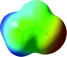 Electrostatic potential of formamide plotted on a 0.001 a.u. electron density isosurface: values run from +0.077 a.u. (blue) to −0.077 a.u. (red), and green represents zero.