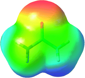 Electrostatic potential of urea plotted on a 0.001 a.u. electron density isosurface (colours as in Fig. 1). A region of slightly negative (yellow) potential is evident on the left-hand N atom, but this region is obscured for the right-hand N atom due to the C2 symmetry of the molecule.