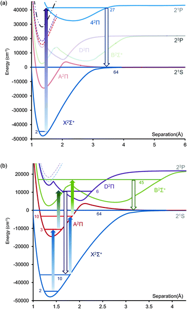 Alternative STIRAP pathways to produce cold fluorine atoms (the final destination state is a Feshbach state formed within the hyperfine structure of the lowest spin–orbit asymptote for the interaction of 9Be (1S0) and 19F (2P3/2) atoms). In the Hund's case (c) limit, the lowest state is J = 3/2. The nuclear spin on the 9Be atom is 3/2 and 1/2 on 19F producing hyperfine states F = 7/2, 5/2, 3/2 and 1/2. (a) Two pulse scheme with short wavelength (118 nm) pulse through the 42Π state; (b) 2 × 3-pulse scheme through D2Π and B2Σ+ states, using A2Π vibrational states as intermediate levels. The first group of pulses transfer population from X2Σ+v′′ = 2 to v′′ = 10.