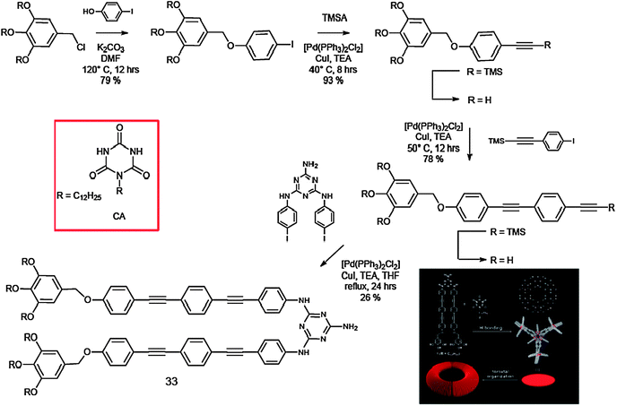 Synthetic pathway for the preparation of molecule 33 and representation of its self-assembly with CA.
