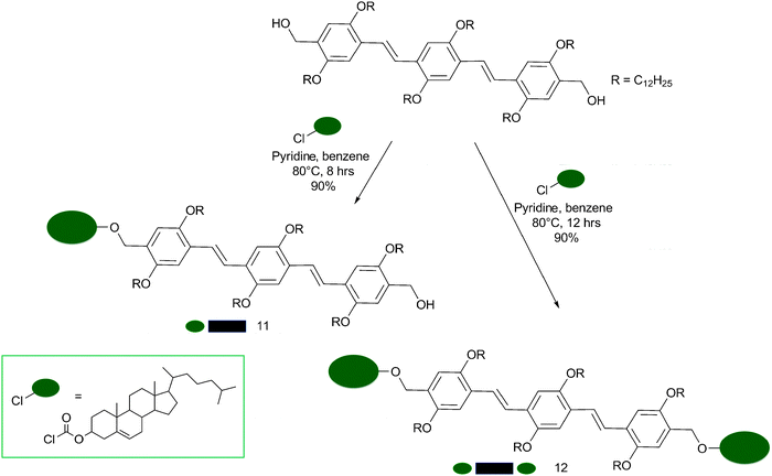 Synthetic pathway for the production of the cholesterol-OPV derivatives 11 (mono-substituted) and 12 (di-substituted).