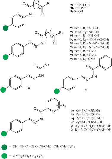 Molecular formulae of a series of fluorous-tagged compounds selected as candidates for the inhibition of the enzyme histone deacetylase and screened for activity onto fluorous microarrays.
