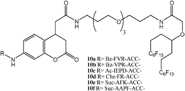 Molecular formulae of peptides decorated with a three section moiety composed of a fluorophore, a linker, and a fluorous tag for microarrays applications (1-letter code identifies amino acids; Bz = benzoyl; Ac = acetyl; Cbz = benzyloxycarbonyl; Suc = 3-carboxy-propionyl).