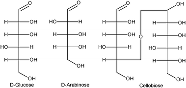 Fischer projections of d-glucose, d-arabinose and cellobiose.
