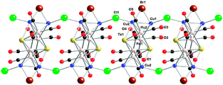 Solid-state structure of {[PPh4]2Te2Ru4(CO)10Cu4Br2Cl2)·THF}∞, PPh4 counterions and co-crystallised THF solvent molecules are not displayed for clarity.