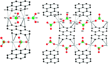 Solid-state molecular structure of [Ag2(pyr)(ClO4)2] (left) and [Ag2(per)(ClO4)2] (right) with partial numbering scheme. No hydrogen atoms are displayed.