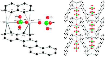 Crystal structure of [Ag2(dban)(ClO4)2] (left). View of the 2D multilayer structure along the ab plane (right).