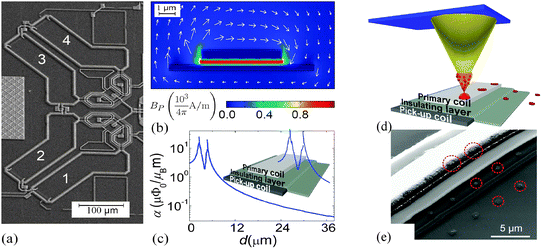 (a) SEM image of a microSQUID sensor with rectangular shaped pick-up coils with effective areas of 63 μm × 250 μm. (b) Finite element calculation of the excitation created by a primary coil when using a drive current of ip = 500 μA. (c) Numerical calculation of the coupling factor as a function of the distance from the center of the coil. The inset shows a 3D cross section of the pick-up and primary coil wires. (d) Schematic representation of the ferritin deposition process by DPN on the most sensitive areas of the microSQUID. (e) SEM images of the sensor right after the deposition of three rows of CoO@apoferritin dots. Reprinted with permission from ref. 148. Copyright 2010 American Institute of Physics.