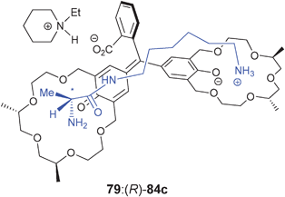 Proposed complexation of host 79 to analyte 84c with addition of N-ethylpiperidine.148