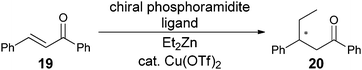Copper catalysed asymmetric conjugate addition of diethyl zinc to chalcone (19).
