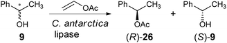 Lipase-catalysed enantioselective acetylation of chiral alcohol.