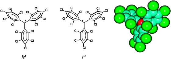 Left: representation of the Plus (P) and Minus (M) atropoisomeric forms of perchlorotriphenylmetyl radical 1˙. Right: radical 1˙ showing the high steric shielding of the central carbon atom (in red) surrounded by the six bulky chlorine atoms at the ortho positions.