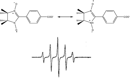 Structure and EPR spectrum of a α-nitronyl nitroxide radical.