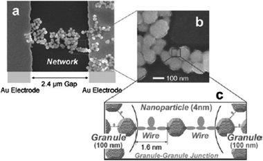 (a) SEM image of networked gold nanoparticles with SPWMs wire molecules on interdigitated electrodes with a gap of 2.4 μm (b) Expanded image of a bottle-necked structure at a granule–granule junction (c) Expanded idealized picture of a granule–granule junction consisting of a granule, a wire molecule, a nanoparticle, a wire molecule and a granule, in series. Reproduced from ref. 209a with permission from American Physical Society.