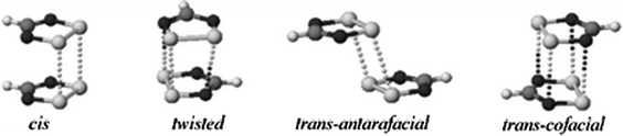 Modes of association of 1,2,3,5-dithiadiazolyl radicals in the solid state; (a) cis-cofacial, (b) twisted; (c) trans-antarafacial; (d) trans-cofacial.