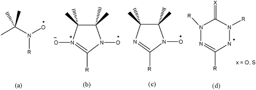 Structure of (a) tert-butylnitroxide, (b) α-nitronyl nitroxide, (c) α-imino nitroxide and (d) verdazyl radicals.