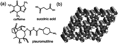 (a) Molecular diagrams of caffeine, succinic acid and pleuromutiline; (b) two-component host of caffeine and succinic acid.180