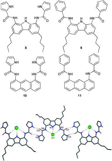 Schematic representation of the crystal structure of [Cl⊂8](n-Bu4N), non-acidic hydrogen atoms and tetrabutylammonium counter cations are omitted for clarity, hydrogen bonds are represented as dotted lines.