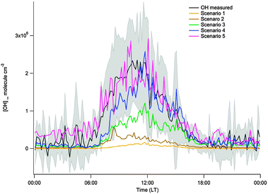 Diurnal profile of measured OH concentrations during the OP-3 campaign in Borneo (black line) together with model calculations constrained by the measured OH reactivity and various source terms (Scenarios 1–5). Unless a significant OH recycling term during the oxidation of isoprene is included, the measured/modelled ratio of [OH] is high. (Reproduced from ref. 198, Copyright (2011), with permission from Copernicus Publications.)