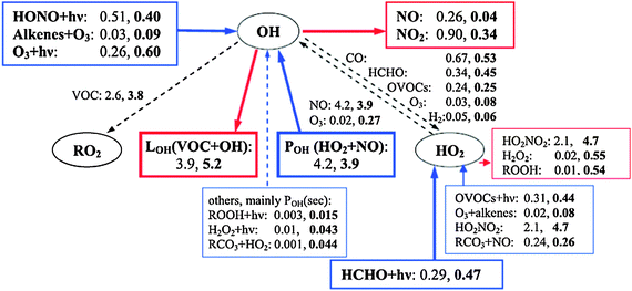 Average fluxes of the key radical sources and sinks during the high-NOx period and low-NOx period (bold) on 10th July 2005 during HOxComp. Units are in ppbv h−1. (Reproduced from ref. 276, Copyright (2012), American Geophysical Union, reproduced by permission of American Geophysical Union. Further reproduction or electronic distribution is not permitted.)