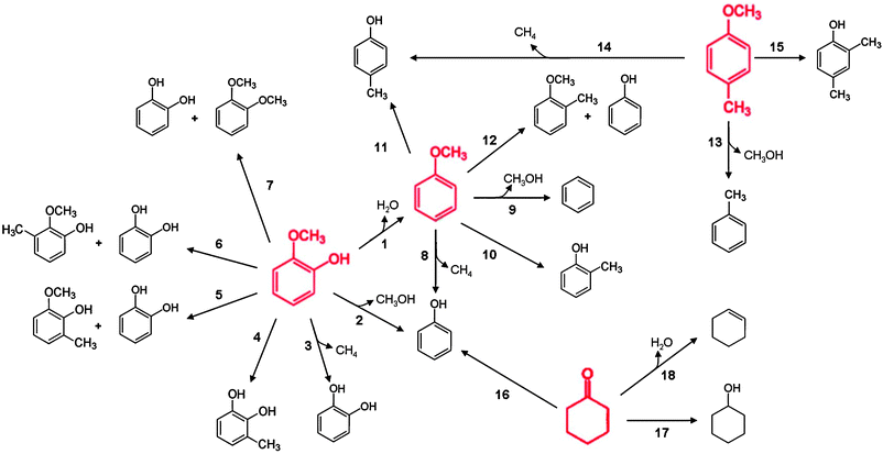 Reaction network accounting for formation of primary products determined from analysis of selectivity-conversion plots for the conversion of individual reactants (shown in red), guaiacol, anisole, 4-methylanisole, and cyclohexanone, catalysed by Pt/γ-Al2O3 in the presence of H2 at 573 K. H2, as a reactant, is omitted for simplicity. Pseudo-first-order rate constants for the individual primary products formed in the conversion of the individual reactants catalysed by Pt/γ-Al2O3 are shown in Table 3; the numbers next to the arrows in this figure are keyed to the list in Table 3.