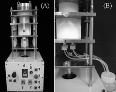 Photograph showing the automated ultrafiltration device (AUD) apparatus (A) and one large Teflon container covered (diameter 12 cm, length 9 cm, volume 1018 mL) in central part.