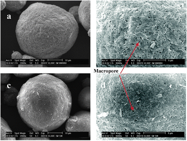 SEM images of (a) and (b) for the sample CMS-1, (c) and (d) for the sample CMS-0.