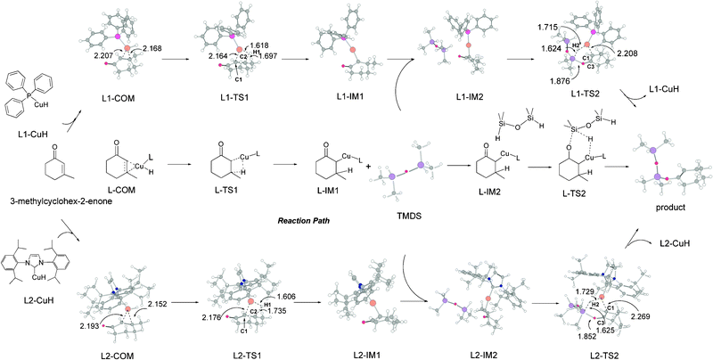 Optimized structures of the species in the hydrosilylation reactions along (Ph3P)CuH and (IPr)CuH catalyzed reaction paths (bond length in Å).