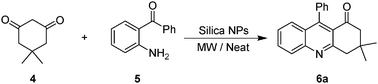 The reaction of dimedone with 2-aminobenzophenone in the presence of SiO2 NPs under microwave irradiation.