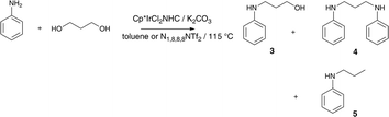 The reaction of aniline with 1,3-PDO promoted by hydrogen transfer.