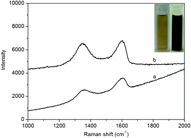 
          Raman spectra of GO (a) and products thus obtained (b). Inset: photographs of GO (left) and products (right) in aqueous solution.