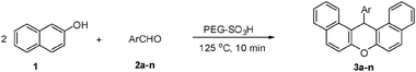 PEG–SO3H catalyzed synthesis of 14-aryl-14H-dibenzo[a,j]xanthenes.