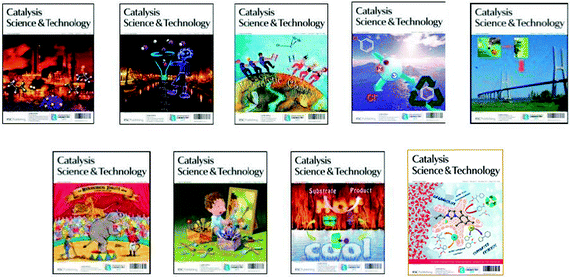 Cover artwork for the first 9 issues of Catalysis Science & Technology.
