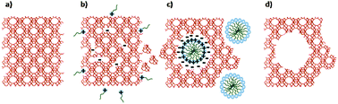 Schematic of the speculated zeolite mesopore formation process: (a) original zeolite Y, (b) Si–O–Si bond opening/reconstruction in basic media, (c) crystal rearrangement to accommodate the surfactant micelles, and (d) removal of the template to expose the mesoporosity introduced.